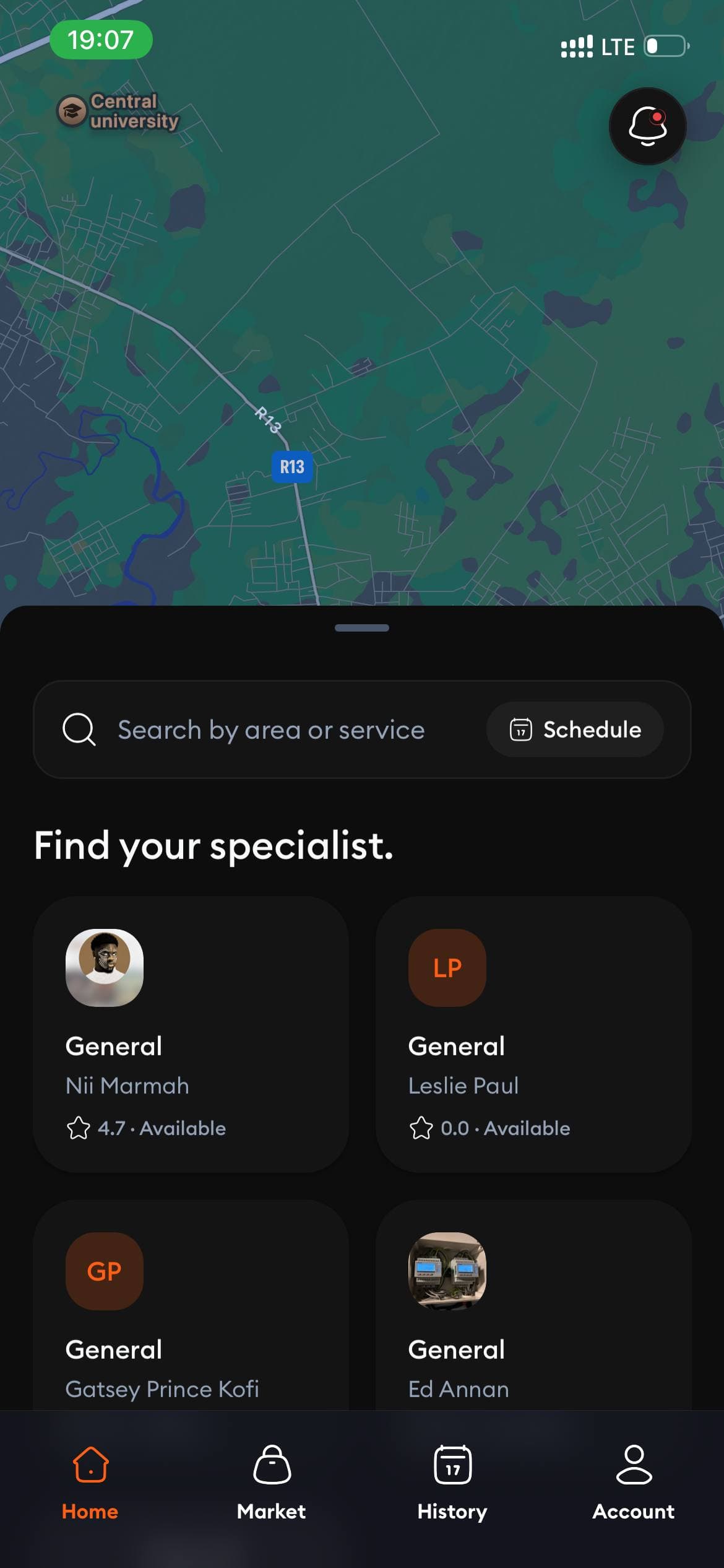Nearby specialist discovery screen