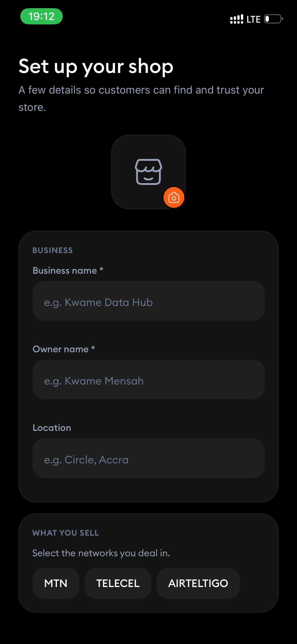 Vendor onboarding screen